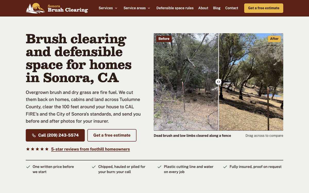 Home page of brushclearingsonora.com: the headline Brush clearing and defensible space for homes in Sonora, CA next to a before and after photo of a cleared fence line