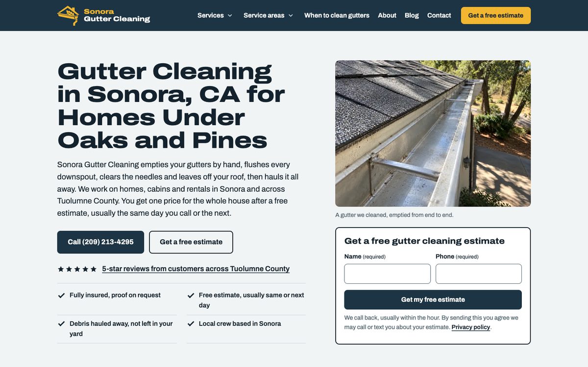Home page of sonoraguttercleaning.com: the headline Gutter Cleaning in Sonora, CA for Homes Under Oaks and Pines beside a photo of a cleaned gutter and an estimate form